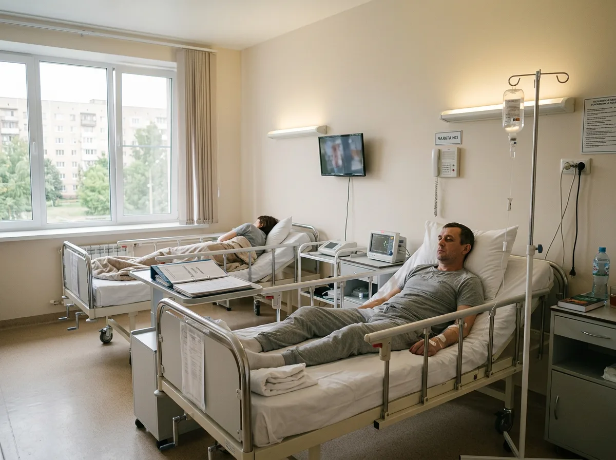 Стационарная палата наркологической клиники в Самаре: чистые кровати, капельница, медицинское оборудование, спокойное освещение