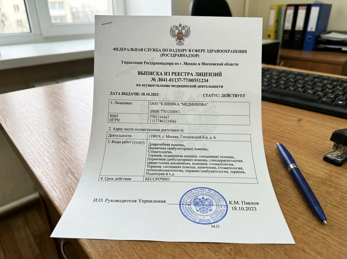 Выписка из реестра лицензий Росздравнадзора на медицинскую деятельность, официальный документ с данными организации