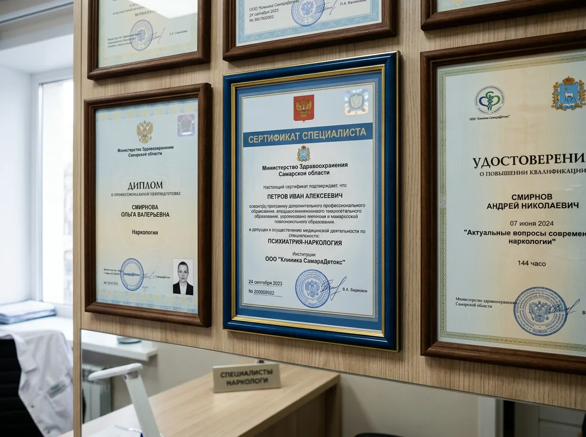Сертификаты специалистов врачей-наркологов клиники СамараДетокс, документы о прохождении повышения квалификации