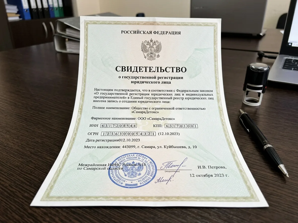 Свидетельство о государственной регистрации юридического лица ООО СамараДетокс, документ ЕГРЮЛ